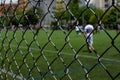 Closeup of mesh wire fence of football field with players in the blur background Royalty Free Stock Photo