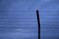 A closeup of a metal barbed wire fence against dramatic strorm clouds