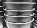 Closeup of metal mixing bowls on a table