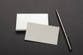 Closeup of metalic pen, stack of empty business cards on the dark grey surface