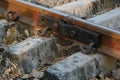 Closeup of a meter gauge railroad or railway track fish plate