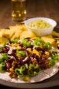 Closeup of Mexican tortillas with meat, red beans, Jalapeno pepper, nachos chips, beer and salsa guacamole Royalty Free Stock Photo