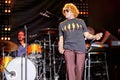 Closeup of Mick Hucknall singing in the live concert of the Simply Red band in Bedford, UK