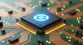 Closeup of a microchip with a glowing blue logo on a green circuit board with gold connectors and components Royalty Free Stock Photo