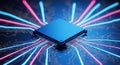 Closeup of a microchip with pink and blue neon light rays on a circuit board background with electronic components Royalty Free Stock Photo