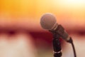 Closeup Of Microphone On Abstract Blurred Background Speech In Seminar Convention Hall Room And Light As Guest And Conference