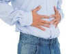 Closeup mid section of a casual man with stomach pain