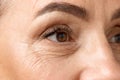 Closeup of middle aged woman eyes. Senior lady looking away, with well-kept and healthy skin. Mimic wrinkles.