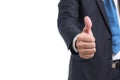Closeup Midsection of businessman hand showing thumbs up sign against isolated on white background