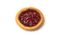 Mini tartlet with strawberry jam on top view on white background