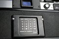 Closeup of Minolta XE 5 analog camera back with DIN ASA table for film light sensitivity