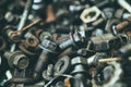 Closeup mix nut and bolt old grunge dirty oil grease in workshop garage Royalty Free Stock Photo