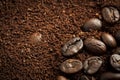 Closeup of mixed heap of roasted coffee beans and ground coffee with copy space