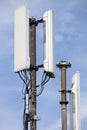 Closeup mobile phone antenna transmission tower. 4G 5G telecommunication antenna system. Mobile network.