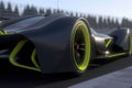 Closeup of a modern black drag racing car with a sleek body and neon yellow accents. Speed drive concept. AI generation