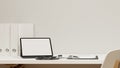 Closeup, Modern doctor office desk, tablet blank screen mockup, stethoscope, clipboard