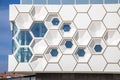 Closeup of modern facade of geometric architecture