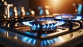 Closeup of a Modern Kitchen Stove with Blue Flames Burning - Generative Ai Royalty Free Stock Photo