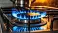 Closeup of a Modern Kitchen Stove with Blue Flames Burning - Generative Ai Royalty Free Stock Photo