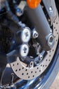 Closeup of Modern Motorcycle Front Braking System With Pads and Disks Royalty Free Stock Photo