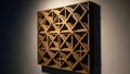 A geometrically patterned wooden wall art piece creates a mesmerizing optical illusion with light and shadow Royalty Free Stock Photo