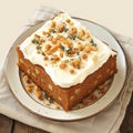 Closeup moist carrot cake adorned with cream cheese frosting.