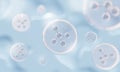 Closeup of molecule atoms structures inside vitamin bubbles on blue liquid serum background. Cosmetics skincare or human skin