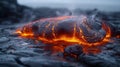 Closeup of molten lava captured in midair as it spews out of a volcano with intense heat emanating from its surface
