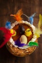 Closeup of a mona de pascua, a cake eaten in Spain on Easter Monday, ornamented with feathers and a teddy chick on on a rustic