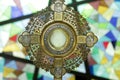 Closeup of Ostensory for worship at a Catholic church ceremony - Adoration to the Blessed Sacrament - Catholic Church Eucharistic. Royalty Free Stock Photo