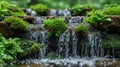 Closeup of moss and ferns clinging to wet rocks at the edge of a cascading waterfall adding pops of vibrant green to the Royalty Free Stock Photo