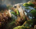 Closeup of Mossy Rocks and Heather in Morning Light Royalty Free Stock Photo