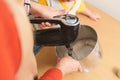 Closeup Mother and her little boy hands using electric mixer