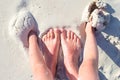 Closeup mother and kid feet on white sand beach Royalty Free Stock Photo