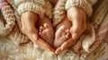 Closeup of a mother's hands holding a newborn baby's feet in the shape of a heart, symbolizing l Royalty Free Stock Photo