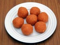 Closeup of Motichoor laddoo on a white plate