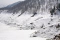 Closeup mountain valley covering by snow