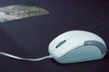 Closeup mouse with blur credit card in blue color style