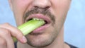 Closeup mouth. handsome mustachioed man happily eats a stalk of celery