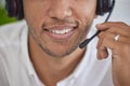 Closeup, mouth and man with headset, call center and telemarketing for customer service, talking and advice. Zoom, male