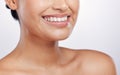 Closeup, mouth and woman with skincare, dermatology and grooming against a white studio background. Zoom, female person