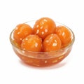 Closeup mouthwatering Gulab Jamun on a pristine white background.