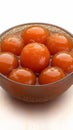 Closeup mouthwatering Gulab Jamun on a pristine white background.