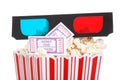 Closeup movie tickets popcorn and 3D glasses