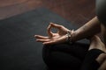 Closeup of mudra gesture, performed with young female fingers, s