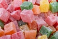 Closeup of multicolored cubes Turkish delight (Lokum). Selective Focus. Flat lay Royalty Free Stock Photo