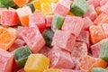 Closeup of multicolored cubes Turkish delight (Lokum). Selective Focus. Flat lay Royalty Free Stock Photo