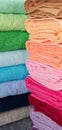 Closeup multicolored stack of towels