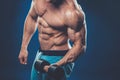 Closeup of a muscular young man lifting dumbbells weights on dar Royalty Free Stock Photo