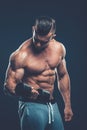 Closeup of a muscular young man lifting dumbbells weights on dar Royalty Free Stock Photo